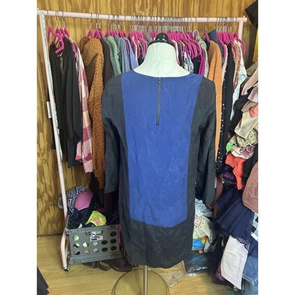 Madewell Color Block Silk Mini Dress Long Sleeves Blck & Blue Lined Sz S Zip - Picture 7 of 11